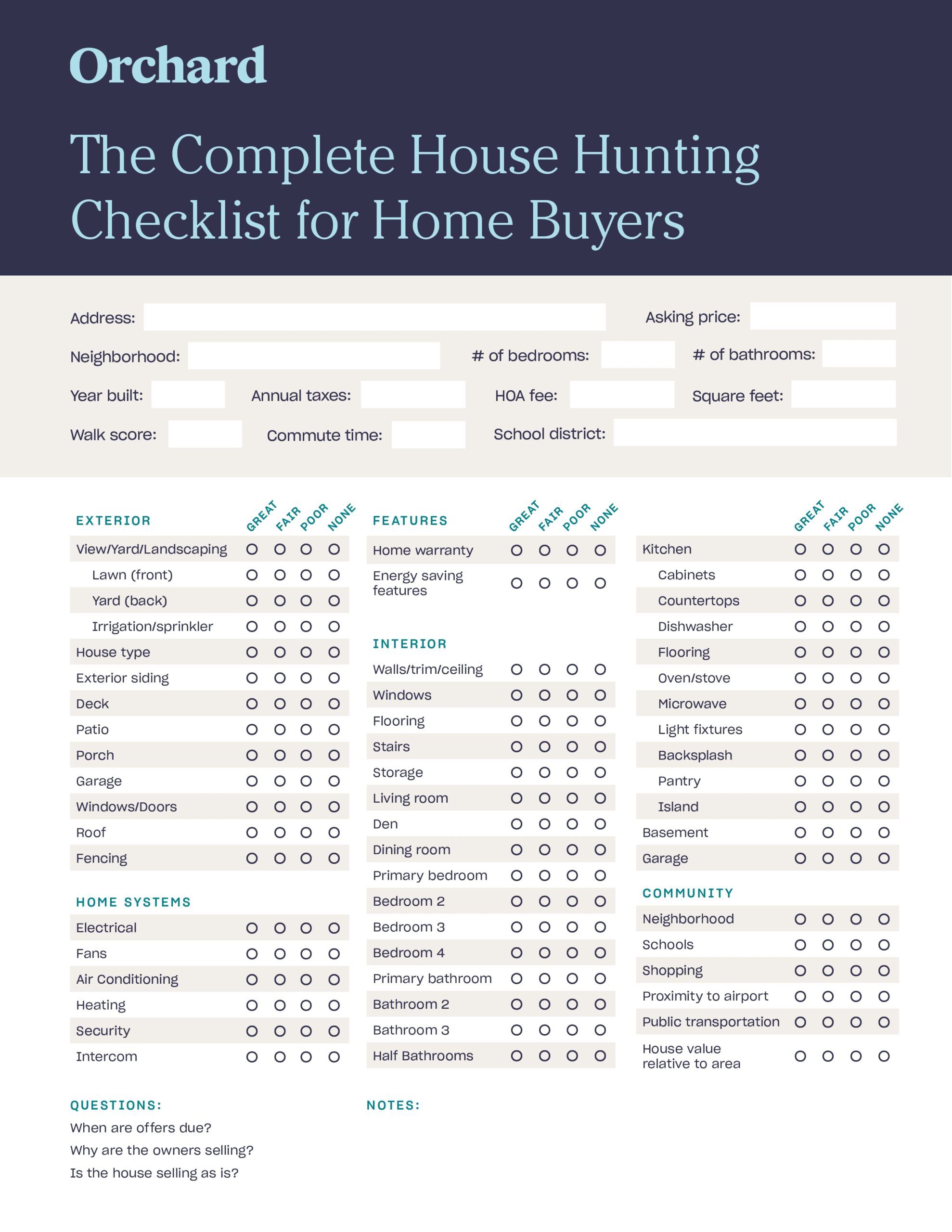 The Complete House Hunting Checklist Free Printable List For Buyers Orchard Free And Printable All About Me Worksheet Templates Canva