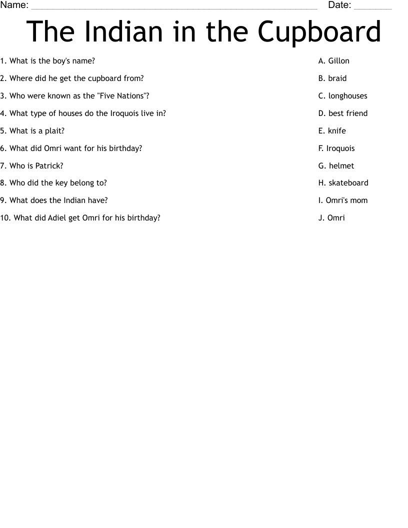The Indian In The Cupboard Worksheet WordMint The Indian In The Cupboard Novel Study Unit Comprehension With Activities And Tests Printable And Digital Classful