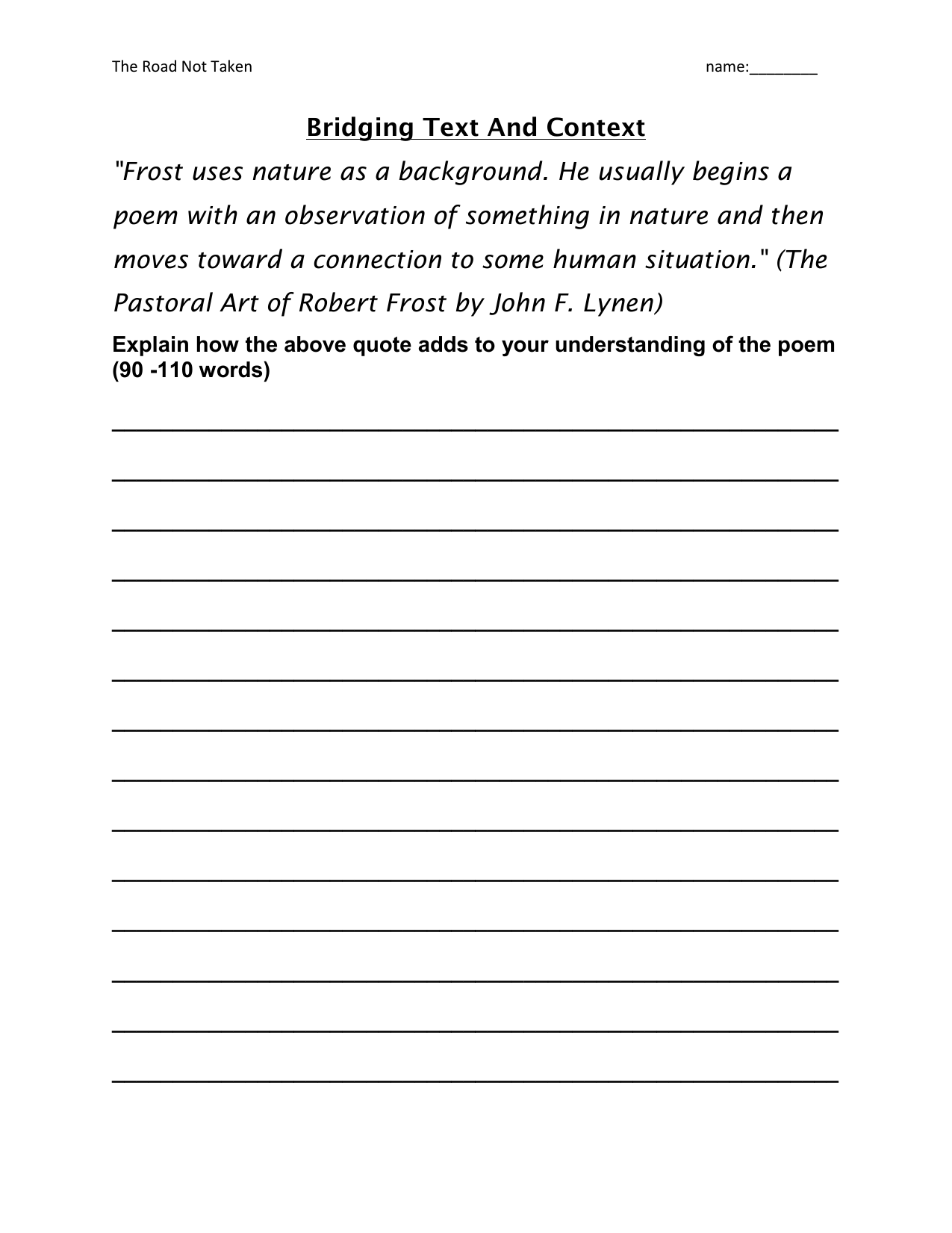 The Road Not Taken Worksheet The Road Not Taken Worksheet