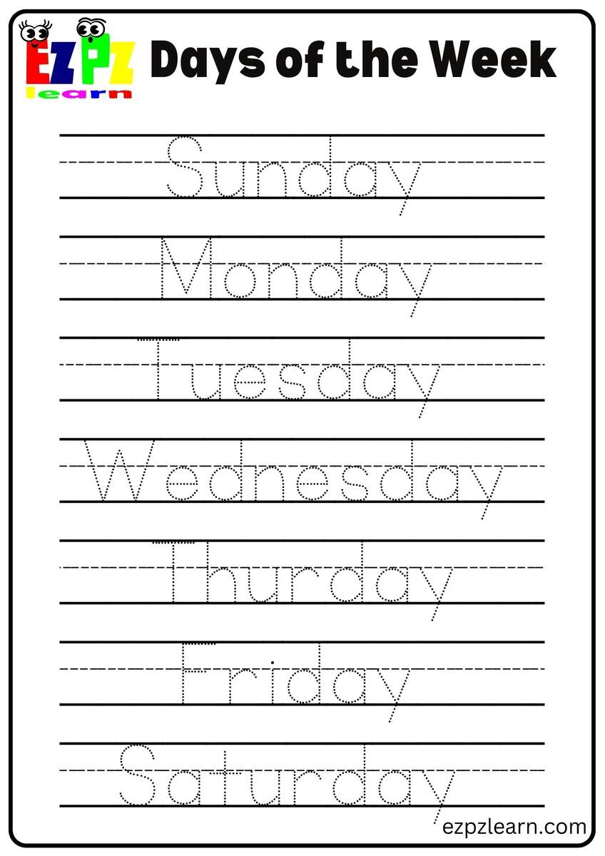 Tracing Page Days Of The Week Ezpzlearn Days Of The Week Tracing Worksheet Free Printable Bright Star Worksheets