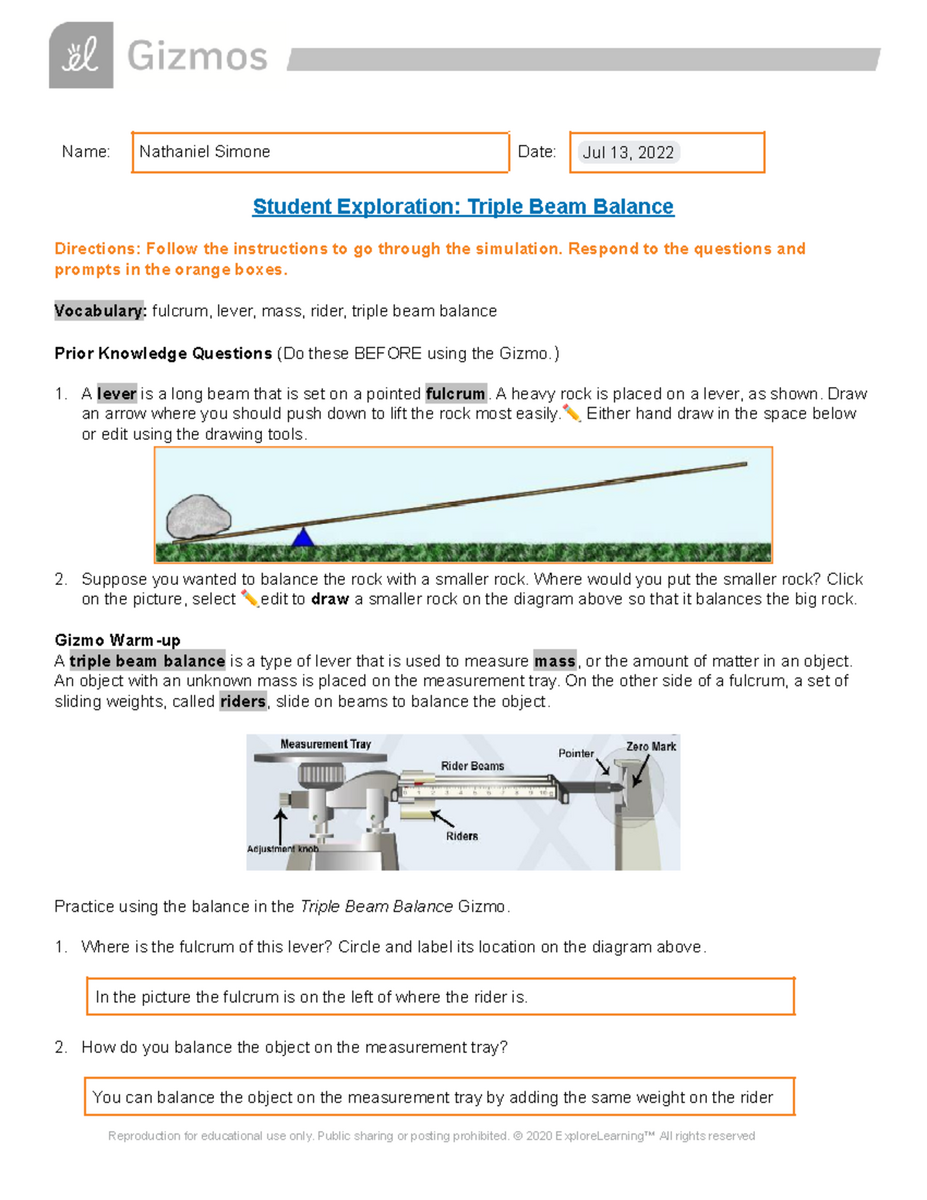 Triple Beam Balance Exploration Student Guide For Gizmo Activities Studocu Calculating The Mass Of An Object Using The Triple Beam Balance Worksheets Library
