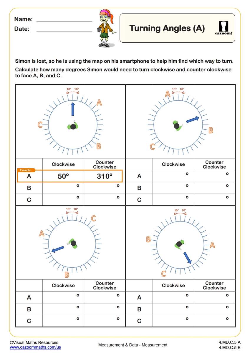 Turning Angles A PDF Printable Measurement And Data Worksheets Cazoom Math Turning Angles A PDF Printable Measurement And Data Worksheets Cazoom Math