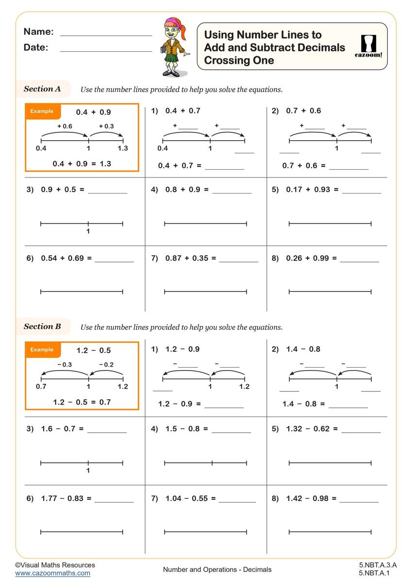 Using Number Lines To Add And Subtract Decimals Crossing One Worksheet Printable PDF 5th Grade Number Operations Worksheet Cazoom Math Free Adding Decimals Worksheets Teach Prints