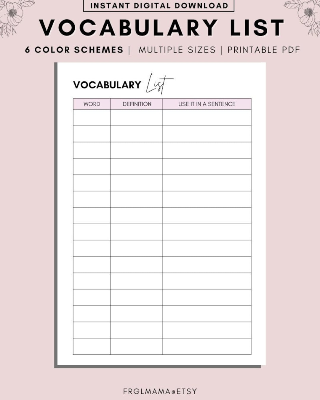 Vocabulary List Printable Language Study Worksheet PDF Etsy Ireland