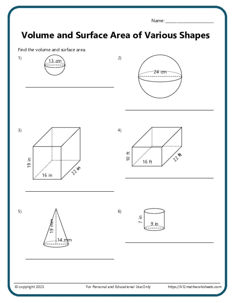 Volume And Surface Area Of Various Shapes K12 Math Worksheets