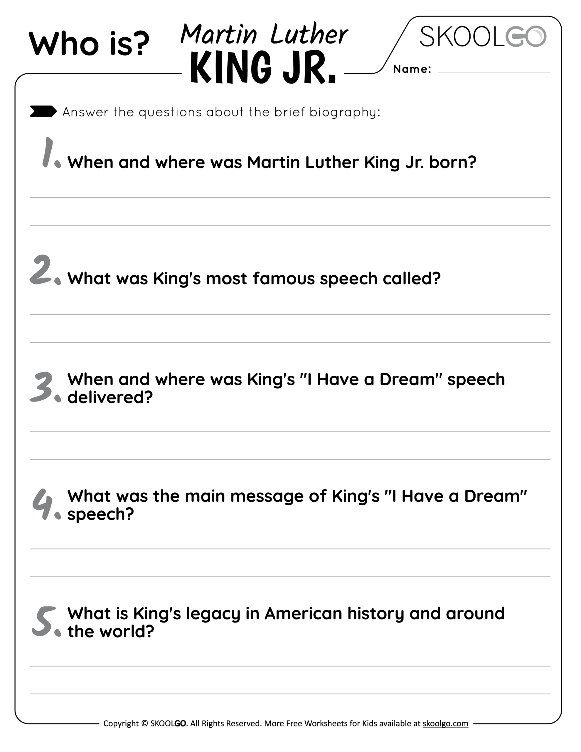 Who Is Martin Luther King Jr Free Worksheet SKOOLGO
