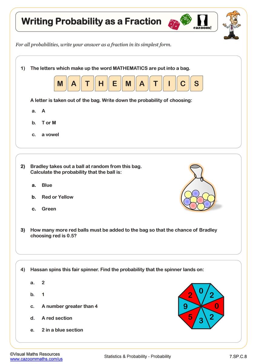 Writing Probability As A Fraction Worksheet PDF Printable Statistics Probability Worksheet Cazoom Math Writing Probability As A Fraction Worksheet PDF Printable Statistics Probability Worksheet Cazoom Math